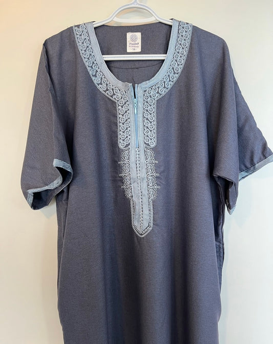 Moroccan Embroidered Thobe - Urban Zip (Indigo Slate)