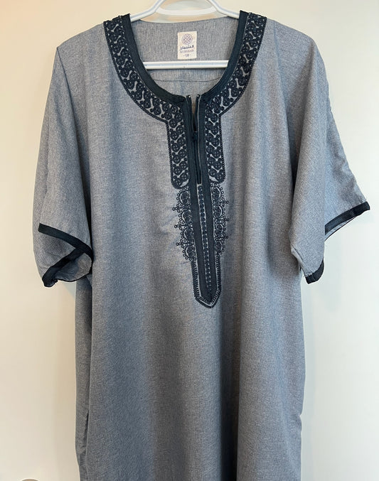 Moroccan Embroidered Thobe - Urban Zip (Steel Blue)