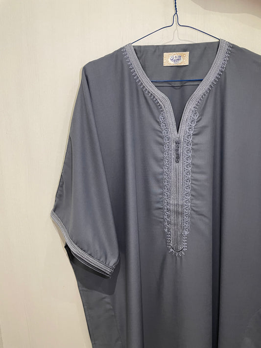 Moroccan Embroidered Thobe - Slate Gray (Classic Lace)