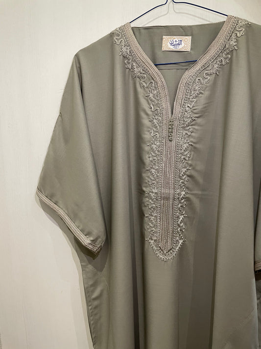 Moroccan Embroidered Thobe - Olive Sage (Royal Trim)