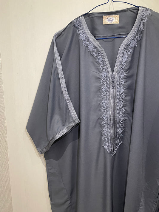 Moroccan Embroidered Thobe - Slate Gray (Royal Trim)