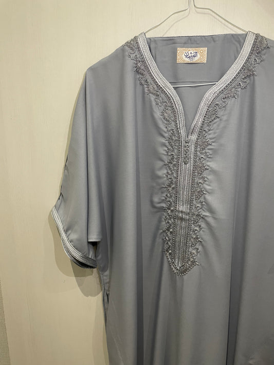 Moroccan Embroidered Thobe - Steel Mist (Royal Trim)