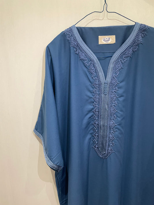 Moroccan Embroidered Thobe - Twilight Blue (Royal Trim)